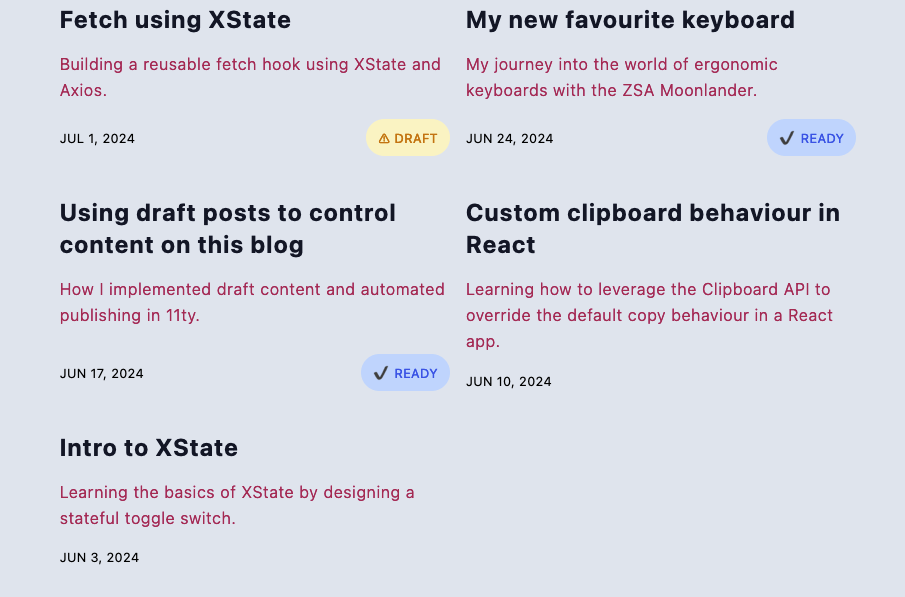 Screenshot of a grid of article titles