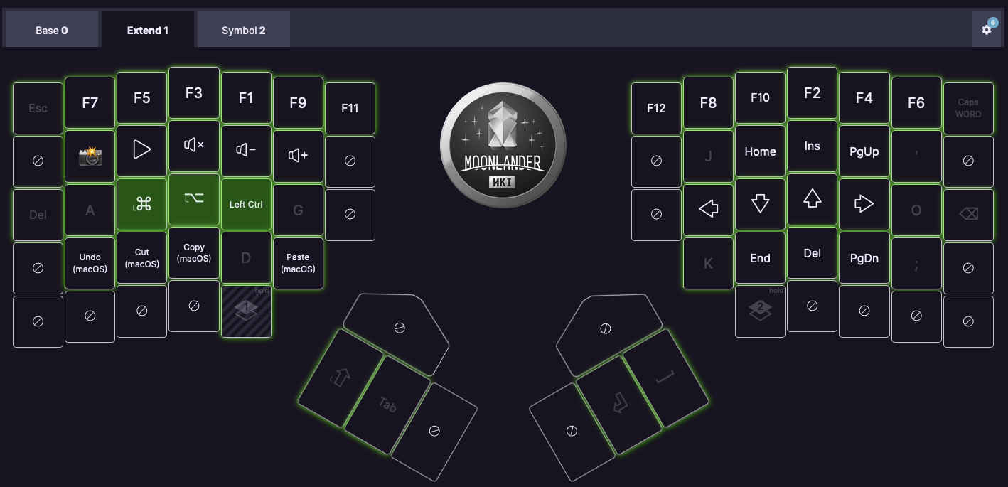 Screenshot of a keyboard layout with keyboard shortcuts